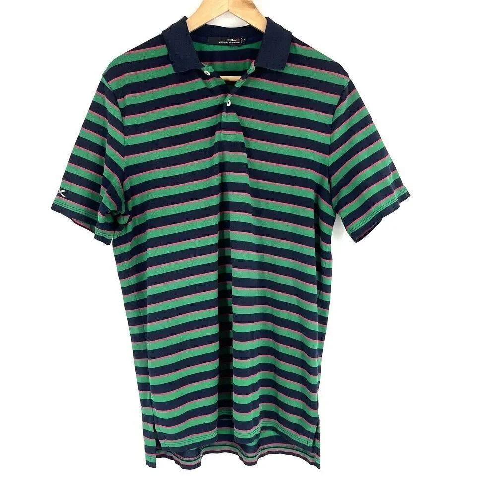 RLX Ralph Lauren Polo Shirt Size Medium Mens Navy Green Pink Golf Striped Wick